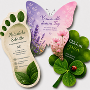 Figürlich gestanzte Flyer als Fußabdruck, Schmetterling und Kleeblatt drucken