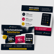 Glänzende Querformat-Flyer für Gutscheinaktionen und Rabattkarten mit vollflächigem UV-Lack