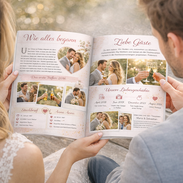 Detailansicht einer Hochzeitszeitung mit gut lesbaren Texten und Bildern auf offenen Innenseiten