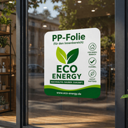 Indoor Aufkleber auf Schaufenster angebracht – Eco Energy Sticker für Innenbereich Werbung, leicht haftend und individuell bedruckt