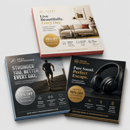 Drei Multiloft-Werbeflyer mit Heißfolienprägung Gold Silber und Farbkern