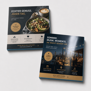 Quadratischer 210 × 210 mm Multiloft-Flyer mit Heißfolie Folienkaschierung und Farbkern