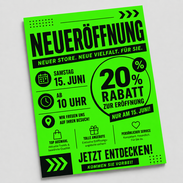 Grüner Neon-Flyer zur Neueröffnung mit schwarzem Druck