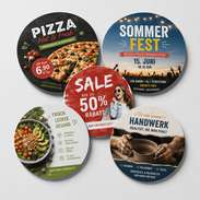Runde Flyer mit Werbemotiven für Gastronomie Events Sale Aktionen Handwerk gesunde Ernährung und lokale Angebote drucken lassen