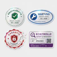 Sicherheitsaufkleber auf Dokumentenfolie als Prüfplaketten Wartungsplaketten Garantiesiegel und Kontrollaufkleber in unterschiedlichen Formen und Farben