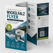 Mehrseitiger Wickelfalz-Flyer für Werbung Produktinformationen Speisekarten Programme Mailings QR-Code und Kontaktdaten drucken lassen