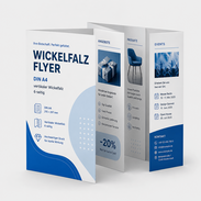 Wickelfalz-Flyer DIN A4 vertikal 6-seitig als mehrseitiges Faltblatt für Werbung Produktinformationen Speisekarten Programme und Mailings drucken lassen
