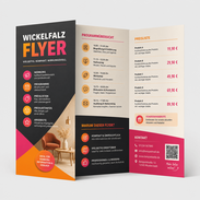 Flyer mit Wickelfalz für Werbung Programme Preislisten Produktinformationen Angebote QR-Code Kontaktdaten und mehrseitige Faltblätter drucken lassen
